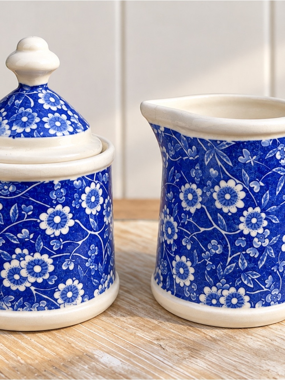 Blue and White Calico Transfer ware Sugar Bowl/Creamer
